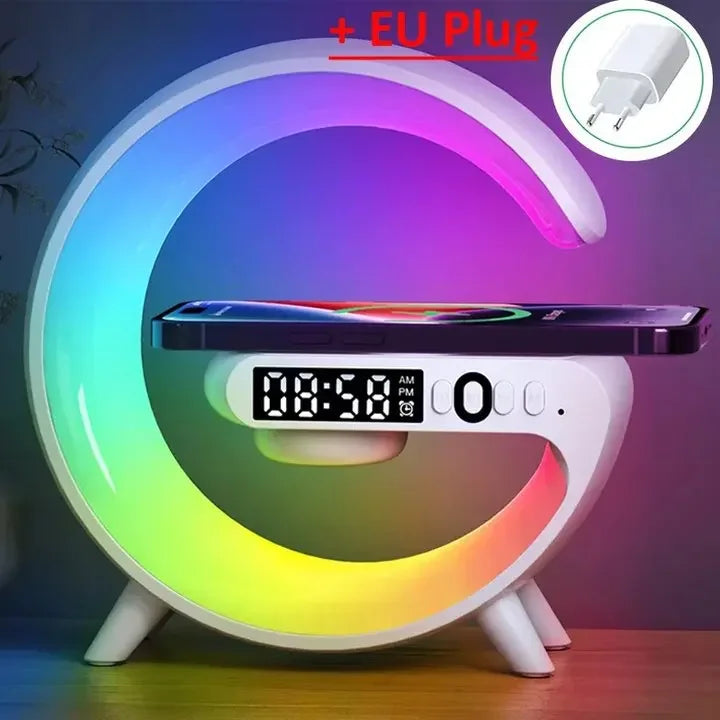 Wireless Charger Stand Pad RGB G Light Alarm Clock Speaker For iPhone 16 15 14 13 Samsung Xiaomi Mini Fast Charging Dock Station