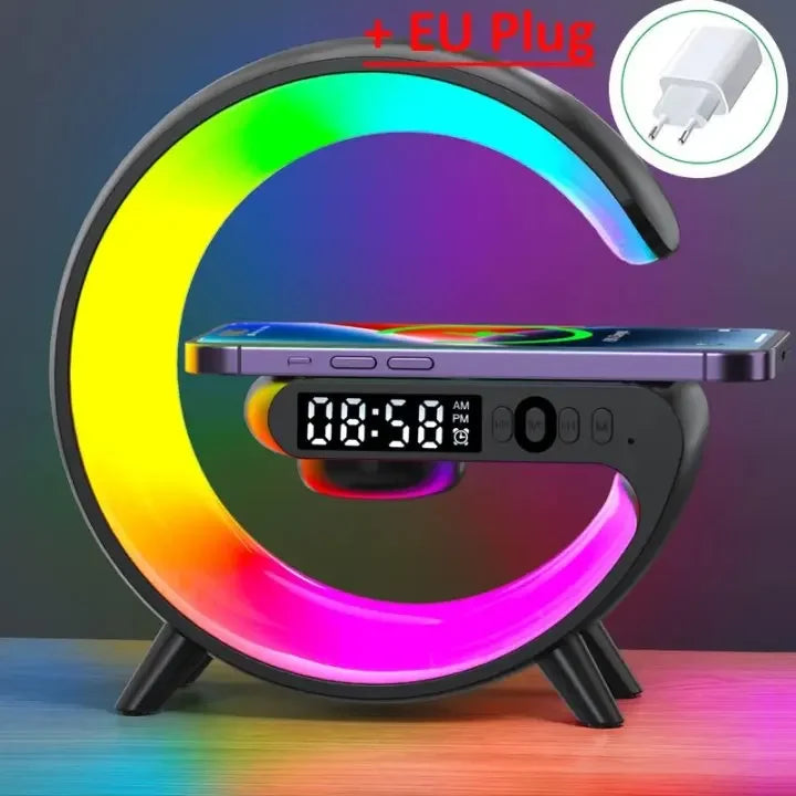 Wireless Charger Stand Pad RGB G Light Alarm Clock Speaker For iPhone 16 15 14 13 Samsung Xiaomi Mini Fast Charging Dock Station