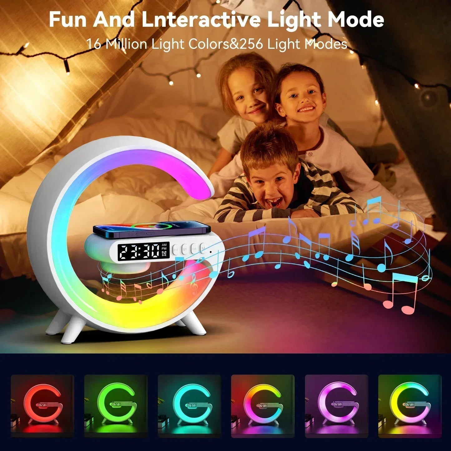 Wireless Charger Stand Pad RGB G Light Alarm Clock Speaker For iPhone 16 15 14 13 Samsung Xiaomi Mini Fast Charging Dock Station