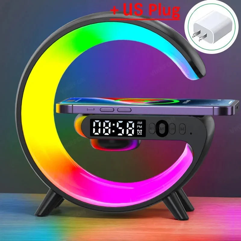 Wireless Charger Stand Pad RGB G Light Alarm Clock Speaker For iPhone 16 15 14 13 Samsung Xiaomi Mini Fast Charging Dock Station